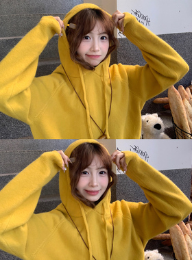 龙妹家黄色毛衣外套女连帽上衣2025新款冬季慵懒针织打底衫可外穿