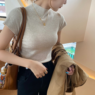 杏色半高领短袖打底衫女内搭2026春夏新款毛衣修身高级感针织上衣