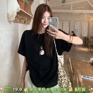 气质上衣 宽松圆领大码 龙妹家黑色冰丝棉麻短袖 T恤女2026春夏新款