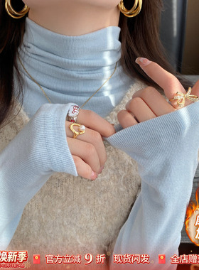 蓝色高领加绒白色打底衫女内搭2025秋冬新款高级感堆堆领长袖上衣