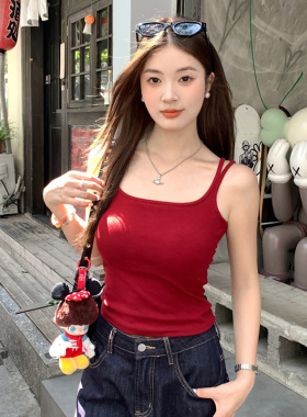 龙妹家红色方领带胸垫吊带背心女夏外穿新款辣妹打底内搭无袖上衣