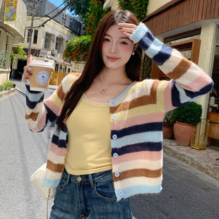 龙妹彩虹条纹针织开衫外套女外穿2026新款早春韩系穿搭巨好看上衣