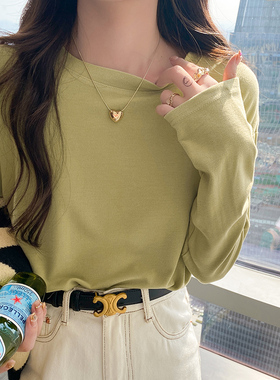 绿色长袖t恤女装休闲宽松春夏季内搭打底衫2025新款圆领白色上衣