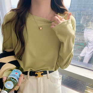 2025新款 绿色长袖 内搭打底衫 休闲宽松春夏季 圆领白色上衣 t恤女装