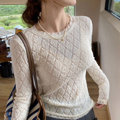 白色蕾丝边打底衫女内搭早秋长袖