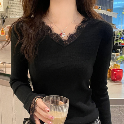 V领蕾丝打底衫女内搭修身