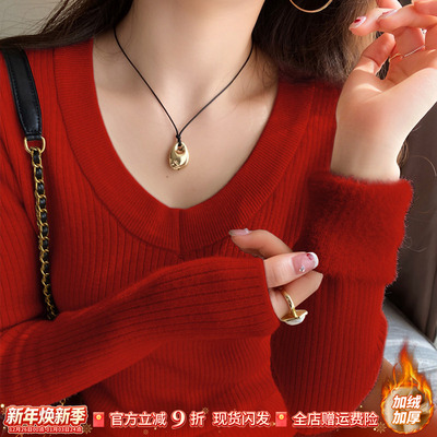 红色V领针织打底衫女加绒加厚