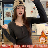 保暖长袖 龙妹家灰色蕾丝加绒加厚打底衫 女内搭2026冬新款 T恤上衣