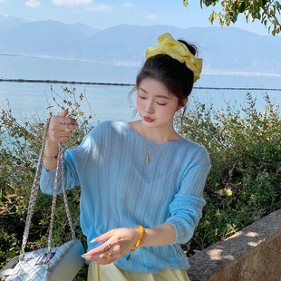龙妹家蓝色防晒罩衫 毛衣高级感独特冰丝上衣 女外搭2025春夏季 新款