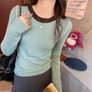 撞色韩系针织毛衣女2025春装新款修身洋气圆领春秋上衣内搭打底衫