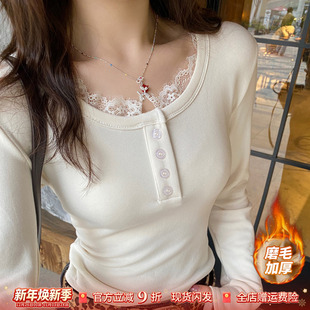 白色蕾丝长袖打底衫女内搭2025秋冬新款T恤修身磨毛加绒加厚上衣