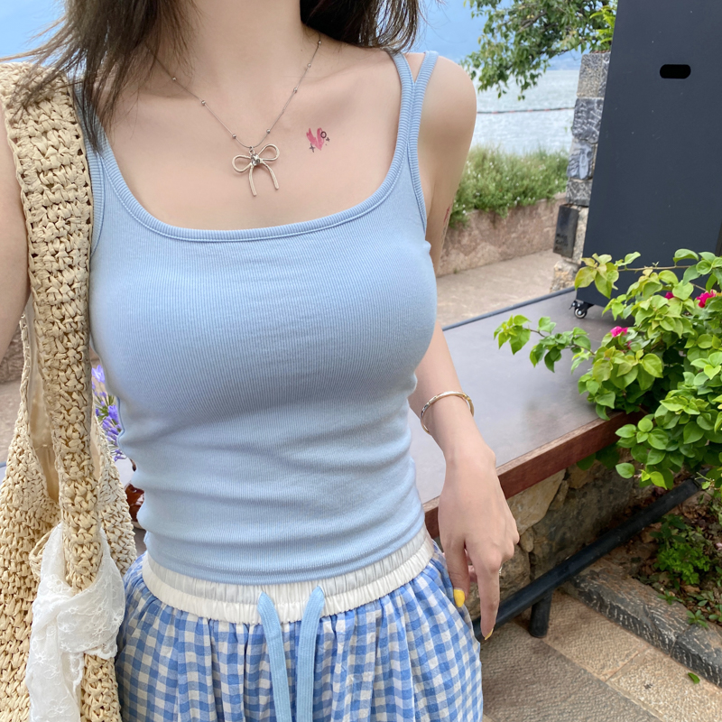 蓝色美背运动吊带带胸垫背心女夏外穿内搭2025新款打底无袖小上衣