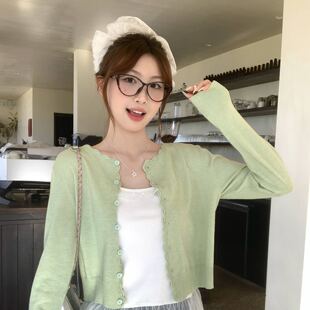 龙妹绿色薄款开衫外套女外穿内搭毛衣2026春夏新款高级感针织上衣