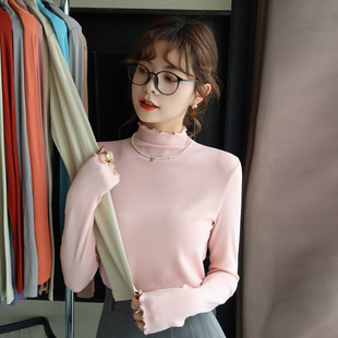龙妹家粉色木耳边打底衫女内搭2025新款T恤半高领长袖秋冬小上衣