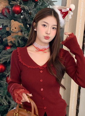 龙妹家红色翻领打底衫毛衣女内搭2025冬新款圣诞穿搭针织上衣外穿