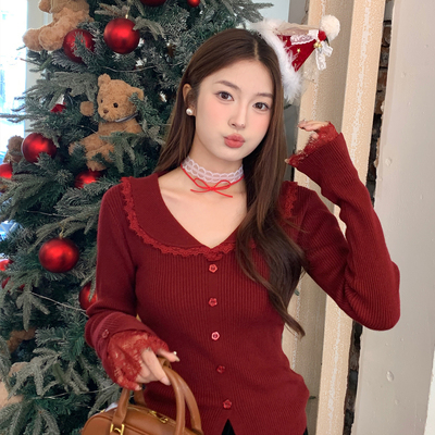 【纯欲佰搭】红色蕾丝针织开衫