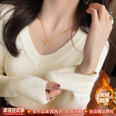 新款 白色加绒加厚V领打底衫 女2025秋冬季 毛衣内搭高级感针织上衣