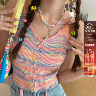夏秋多巴胺穿搭甜辣针织吊带短款打底背心女彩虹条纹内搭外穿上衣