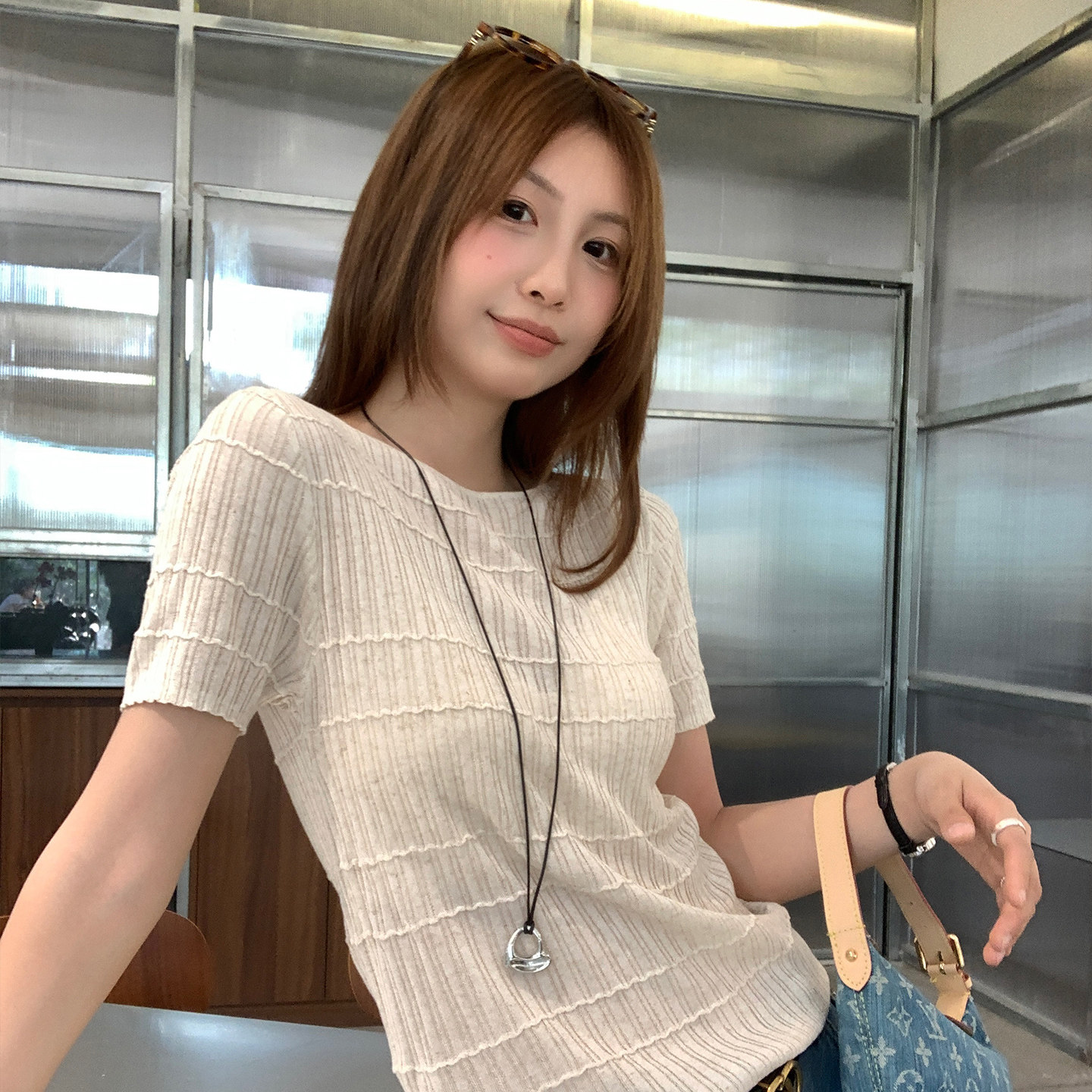 【设计感竹节短袖】透气针织上衣图片