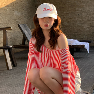 防晒罩衫 龙妹红白条纹斜肩长袖 宽松大码 2026春夏新款 上衣 T恤女装