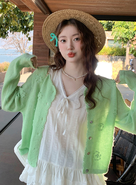 绿色圆领针织开衫外套外搭女装2025春夏季新款冰丝薄款防晒小上衣