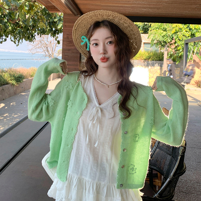 圆领羊毛针织开衫外套女薄款上衣