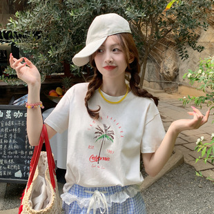 独特上衣 龙妹家白色圆领印花短袖 T恤女2025夏季 新款 宽松显瘦半袖