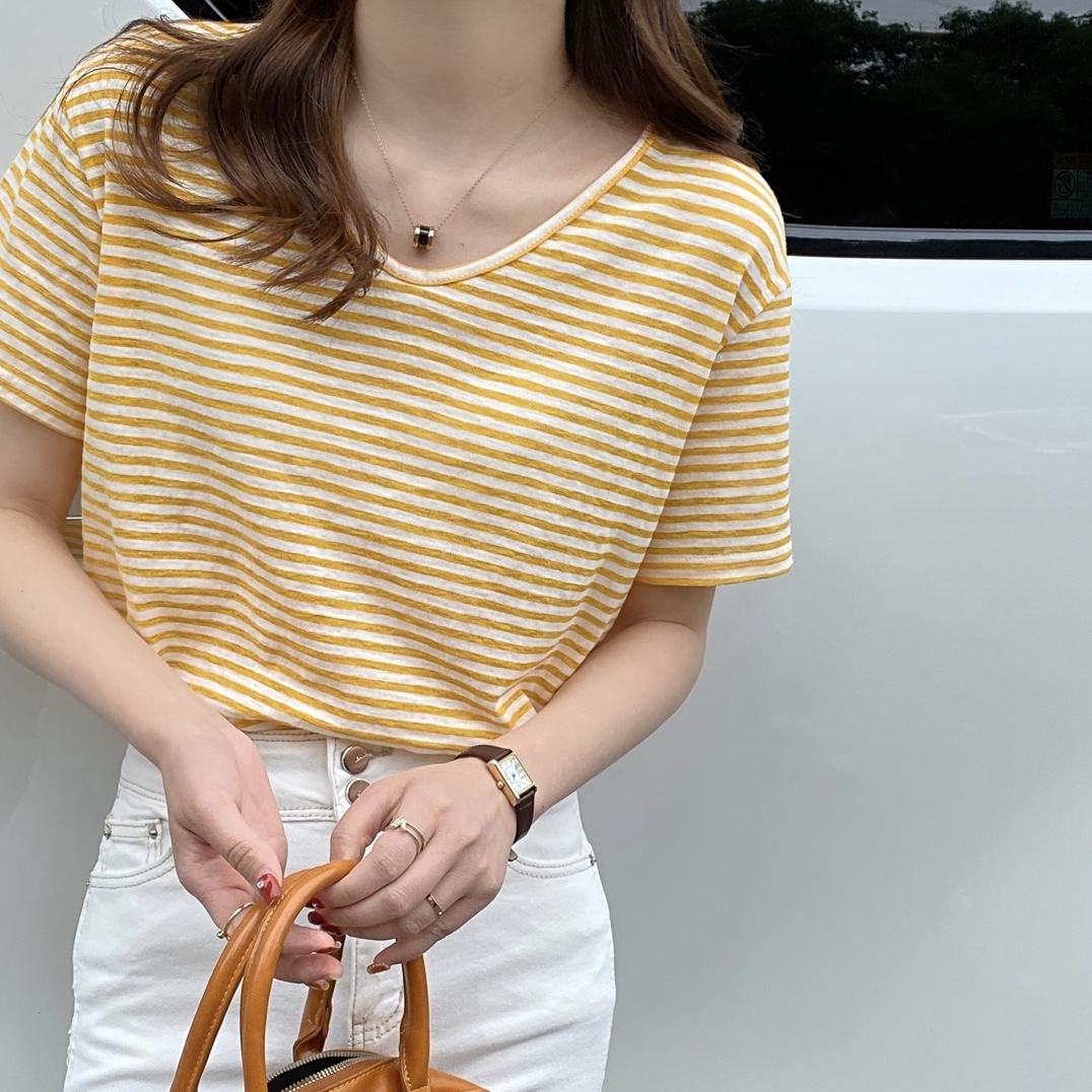 亚麻条纹t恤女短袖夏季2023新款夏装v领宽松薄款体恤冰丝棉麻上衣