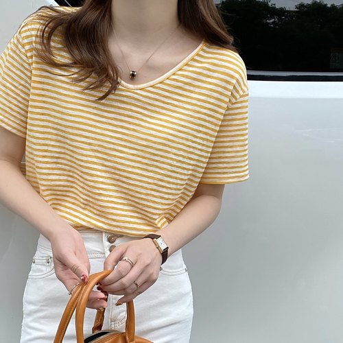 新款休闲条纹冰丝短袖女