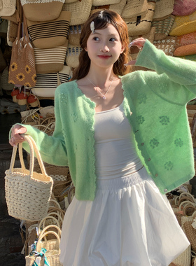 龙妹绿色羊毛针织开衫外套女2026春夏新款薄款罩衫巨好看打底上衣