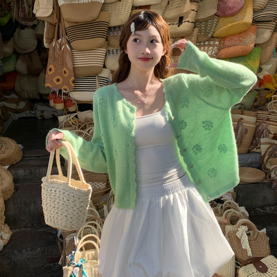 绿色圆领针织开衫外套女