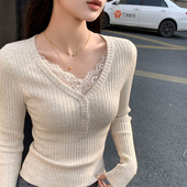 低领长袖 新款 上衣 女内搭2026秋季 龙妹家假两件V领蕾丝针织打底衫