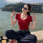 T恤女2025新款 春夏显瘦半袖 修身 龙妹家红色U领正肩短袖 短款 小上衣