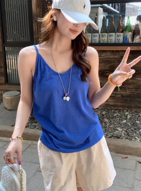 龙妹家蓝色吊带背心女内搭2025夏秋新款宽松大码胖mm打底外穿上衣