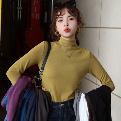 秋冬半高领磨毛打底衫女内搭上衣