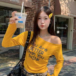 龙妹家黄色斜肩长袖 设计感小众辣妹上衣 T恤女2025早秋内搭打底衫