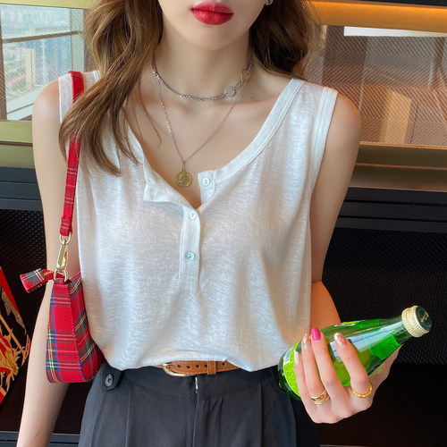 白色竹节棉吊带背心女装内搭2025夏新款宽松无袖T恤外穿打底上衣