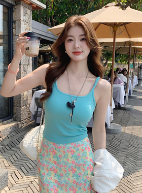 龙妹家蓝色带胸垫绝美背心女夏2025新款吊带内搭独特上衣外穿打底