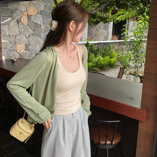 外套外搭慵懒长袖 绿色V领防晒针织开衫 薄款 新款 上衣 女2026春夏季