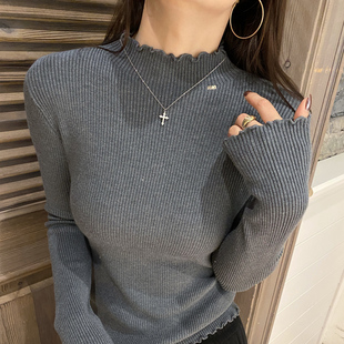 龙妹家灰色半高领打底衫女款内搭2025新款早秋木耳边毛衣针织上衣