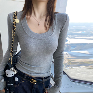 龙妹灰色U领正肩长袖T恤女外穿2026新款早春穿搭修身打底内搭上衣
