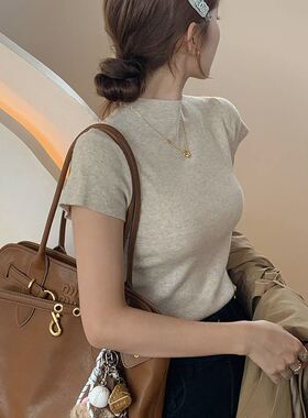 灰色半高领针织短袖打底衫女2026早秋新款小香风毛衣内搭修身上衣