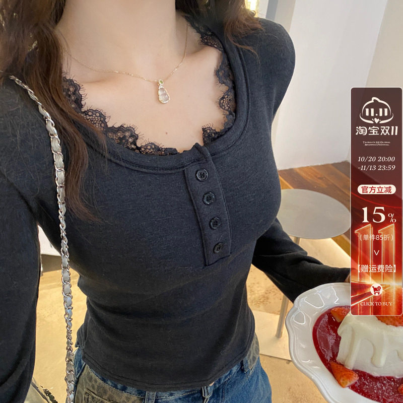 灰色蕾丝磨毛加绒打底衫女内搭2026春秋季新款高级感修身黑色上衣