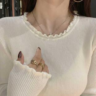 长袖 2025秋冬新款 气质上衣 女内搭修身 龙妹家白色木耳边针织打底衫