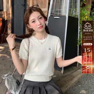 龙妹家白色圆领短袖T恤女夏外穿2026新款半袖麻花针织衫打底上衣