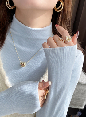 蓝色半高领打底衫女内搭高级感2025秋冬新款爆款磨毛加绒修身上衣