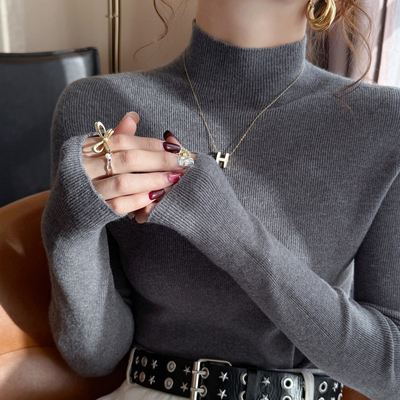 【灰色半高领针织衫】韩系穿搭