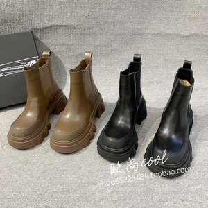 真皮机车靴2023欧洲站冬季新款进口胎牛面两边松紧自留粗跟马丁靴