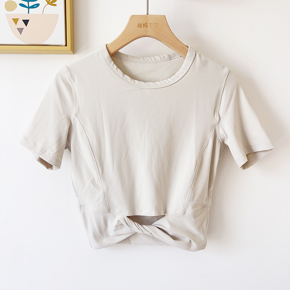 女士Cropped短款下摆扭结短袖T恤 裸感性感紧身运动瑜伽短袖上衣