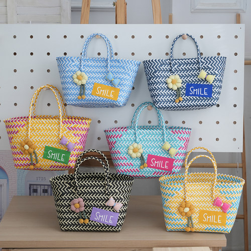 手工编织包彩色女包手提包购物袋菜篮子女大容量卡通包单肩托特包